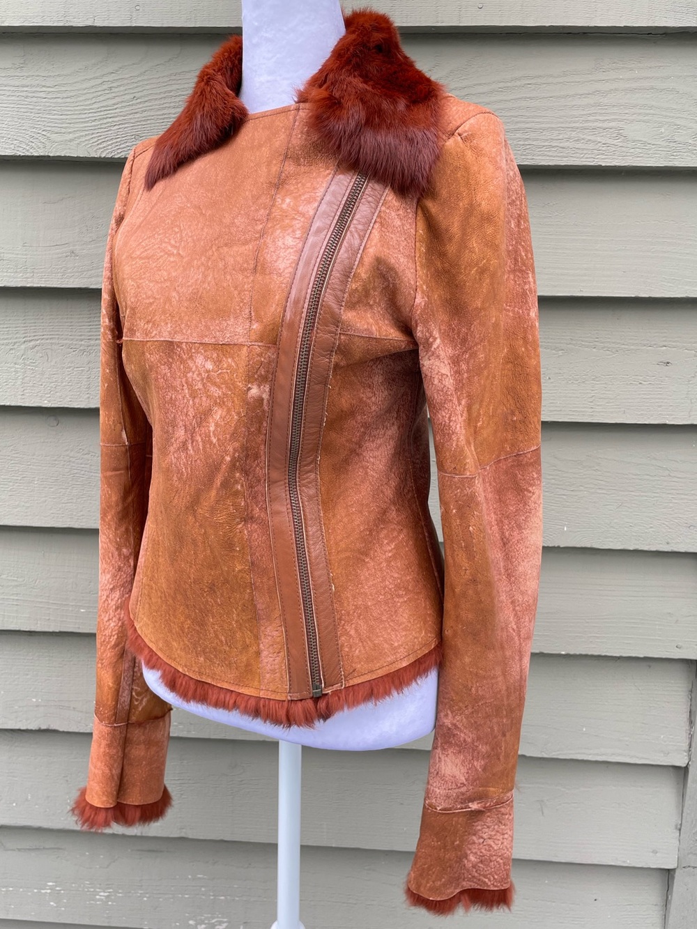 Y2K G-Brand Italy Rust Brown Shearling-Trim Leather Jacket size Small - Picture 6 of 13